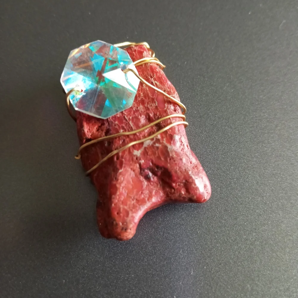 Pink turquoise gemstone wire wrapped iridescent crystal gemstone pendant